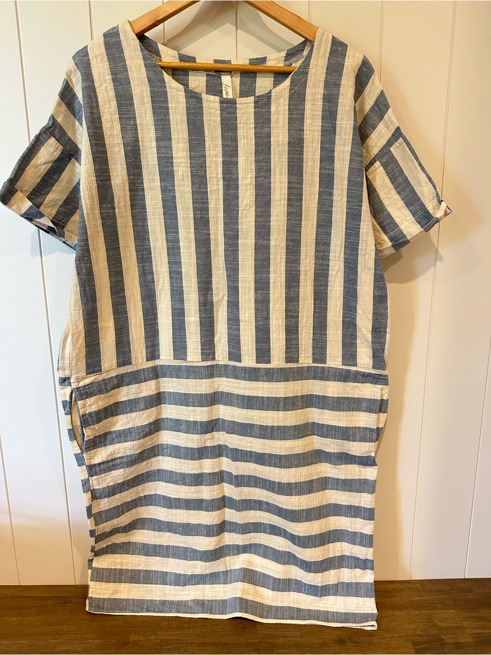 Love In Blue Cream Striped Cotton Dress Women’s Large Short Sleeve Pockets
